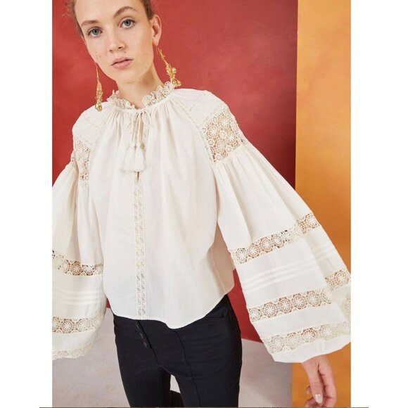 ULLA JOHNSON Gemma Cotton Crochet Puff Sleeve Blouse Blanc White Size 2 - Picture 1 of 4